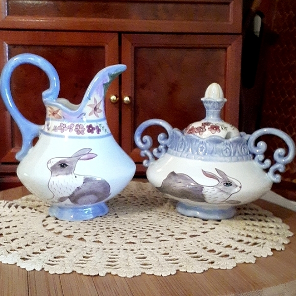 👉*VINTAGE*👈 ZRIKE 🐇 MEADOW BUNNY 🐇 CREAMER & SUGAR BOWL 🐇 DANNA CULLEN